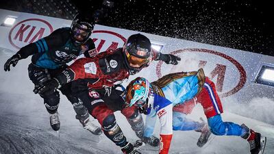 Tristan Dugerdil, Kyle Croxall, and Michael Urban competing at the ATSX Ice Cross Downhill World Championship at Fenway Park stadium in Boston. EPA
