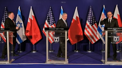 From left, US Secretary of State Mike Pompeo, Israeli Prime Minister Benjamin Netanyahu, and Bahrain's Foreign Minister Abdullatif Al Zayani during a press conference after their meeting in Jerusalem. EPA