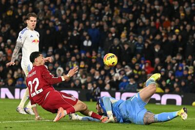 Liverpool striker Hugo Ekitike, left, scores his second goal against Leeds United. AFP
