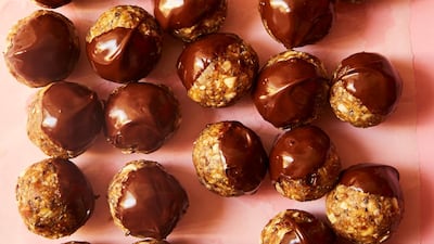 Chocolate-dipped peanut butter and date energy balls. Courtesy Zahra Abdalla, founder of Zahra's Kitchen