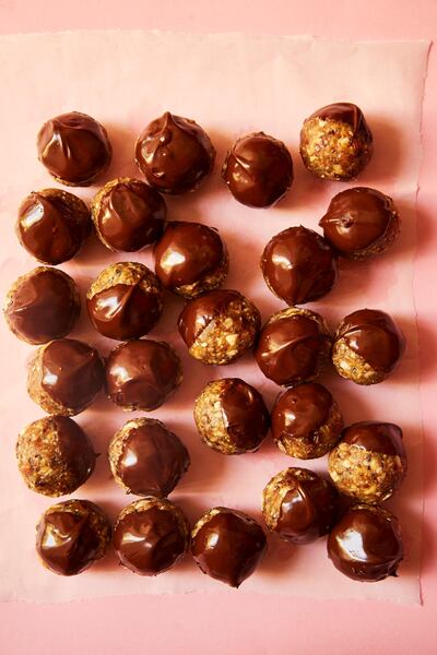 Chocolate-dipped peanut butter and date energy balls. Courtesy Zahra Abdalla, founder of Zahra's Kitchen