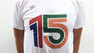 A special edition 15th anniversary t-shirt is worn by an employee at the Google office in Dubai Media City. Sarah Dea / The National