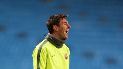 Lionel Messi shown during Barcelona’s Monday training session ahead of the Champions League last-16 first leg match against Manchester City on Tuesday. Carl Recine / Reuters