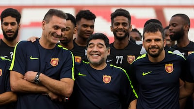 Fujairah, United Arab Emirates, July 15, 2017: Football legend Diego Maradona is introduced as the new head coach of Fujairah football club of UAE's division one at the Fujairah stadium in Fujairah on July 15, 2017. Christopher Pike / The National Reporter: John McAuley Section: Sport Keywords: