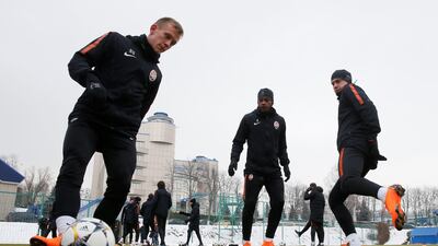 Shakhtar Donetsk's Fred with Ivan Petryak and teammates during training ahead of their Roma tie. Valentyn Ogirenko / Reuters
