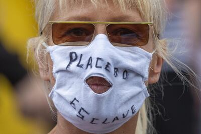 Hundreds of people protested in Belgium after the government mandated mask-wearing. EPA