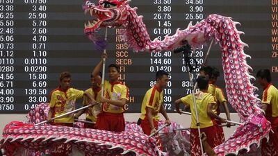 Dragon and lion dancers perform at the trading floor of the Philippine Stock Exchange to start the first day of trading for the Lunar New Year. Francis Malasig / EPA