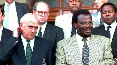 President FW de Klerk and Inkatha Freedom Party leader Mangosuthu Buthelezi face the press in Durban, South Africa after a meeting to discuss the threat to free and fair elections in Natal, now KwaZulu-Natal. The two leaders announced 'progress' in their talks. AFP