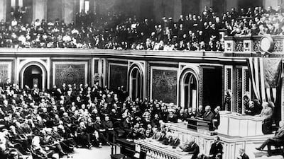 US President Woodrow Wilson delivers a speech to the joint session of Congress, in Washington, DC, United States, on April 2, 1917.