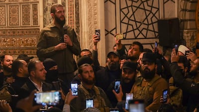 HTS leader Ahmad Al Shara speaks at Umayyad Mosque in Damascus after toppling Syria's Assad regime. AP