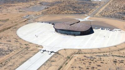 Aerial view of Spaceport America with White Knight Two carrier aircraft, VMS Eve on tarmac. Courtesy Virgin Galactic