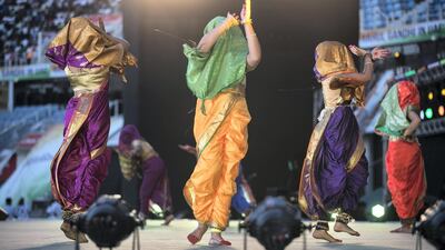 Indian cultural dances performed ahead of Rahul Gandhi's speech today at Dubai International Cricket Stadium. Reem Mohammed / The National
