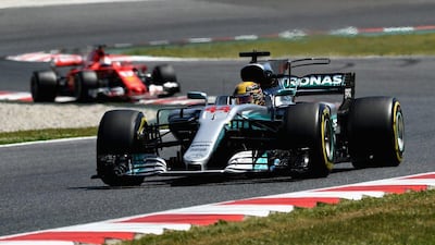Lewis Hamilton drives his No 44 Mercedes ahead of Sebastian Vettel's No 5 Ferrari during the Spanish Formula One Grand Prix at Circuit de Catalunya on May 14, 2017 in Montmelo, Spain. David Ramos / Getty Images