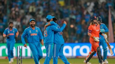Indian players celebrates the dismissal of Netherlands' Max O'Dowd, bowled out by Ravindra Jadeja. AP