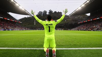 Red Star Belgrade's goalkeeper Matheus, a former SC Braga player, kneels on the goal line before the Europa League game between the two teams in Portugal. AP Photo