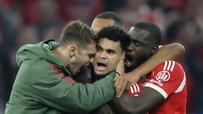Luis Diaz celebrates scoring for Bayern Munich to make it 3-3. AFP
