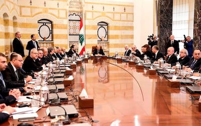 Lebanese President Michel Aoun chairs the new government's first cabinet meeting at the presidential palace in Baabda last Saturday. AFP