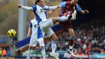 Aston Villa's Stephen Ireland, right, and Blackburn Rovers' Michel Salgado battle for the ball.