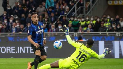 Lautaro Martinez scores his, and Inter's, second goal at the San Siro. EPA
