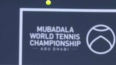 Stefanos Tsitsipas serves during the Mubadala World Tennis Championship on Thursday. Chris Whiteoak / The National