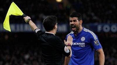 Chelsea’s Diego Costa reacts to a call by the line judge on Sunday during the Premier League match against Manchester United. Ian Kington / AFP