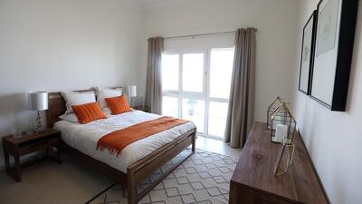 A bedroom on the first floor of a four-bedroom villa at Villa Lantana in Dubai. Satish Kumar / The National