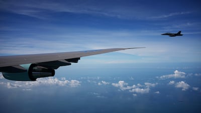 A Royal Malaysian Air Force F-18 Hornet fighter jet escorts Air Force One with US President Donald Trump aboard en route to Kuala Lumpur International Airport in Malaysia. Getty Images