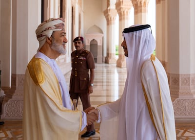 Oman's Sultan Haitham meeting Qatar's Prime Minister Sheikh Mohammed bin Abdulrahman in Muscat on Wednesday. Reuters