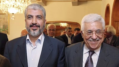 Hamas leader Khaled Mashaal, left, and Palestinian Authority president Mahmoud Abbas, who has accused Hamas of undermining the Palestinian unity government. AP Photo / Office of Khaled Meshaal