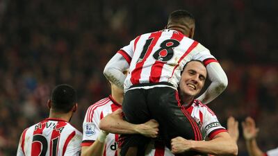 SUNDERLAND, UNITED KINGDOM - JANUARY 02 : Jermain Defoe of Sunderland celebrates with John O'Shea after he scores the third Sunderland goal during the Barclays Premier League match between Sunderland and Aston Villa at the Stadium of Light on January 02, 2016 in Sunderland, England. (Photo by Ian Horrocks/Sunderland AFC via Getty Images)