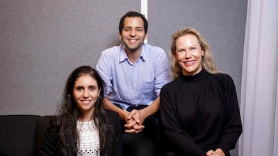 From left, Nisma Benani, Charaf El Mansouri and Leah Howe, co-founders of Abu Dhabi-based travel management platform Dharma. Photo: Dharma