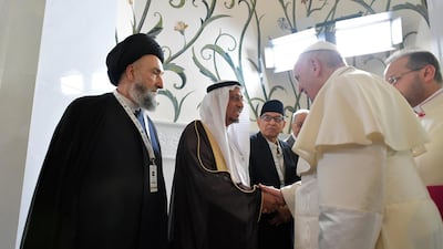 Pope Francis arrives for a meeting with the Muslim Council of Elders at the Sheikh Zayed Grand Mosque in Abu Dhabi. Reuters