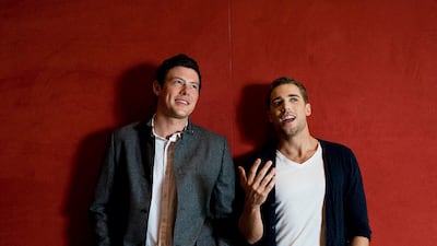 Cory Monteith, left, and Dustin Milligan chat during a portrait at the Hazelton Hotel while promoting their film Sisters and Brothers during the Toronto International Film Festival in Toronto in 2011. Aaron Vincent Elkaim / AP Photo / The Canadian Press