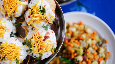 Colourful dishes served at Chai Pani include sev potato dahi puri and more. Photo: Jack Sorokin