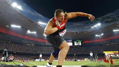 Christina Schwanitz of Germany on her way to winning gold in the women’s shot put during 2015 World Championships in Beijing on Saturday. Kai Pfaffenbach / Reuters
