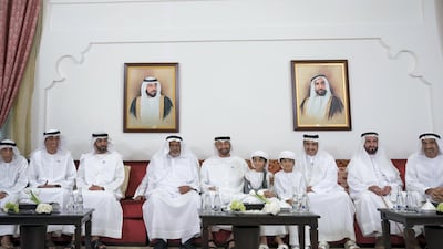 Sheikh Mohamed bin Zayed attends a mass wedding held at Majlis Al Manhal. Seen with Jaber Al Suwaidi, Mohammed Al Mazrouei, Undersecretary of the Crown Prince Court of Abu Dhabi (3rd L) and Ahmed Al Zaabi. Hamad Al Kaabi / Ministry of Presidential Affairs