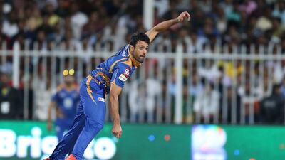 Ravi Bopara of Karachi Kings bowling against Lahore Qalandars in the Pakistan Super League T20 match at Sharjah Cricket Stadium in Sharjah. He scored not out 71 runs and took 6 wickets. Karachi Kings won the match by 27 runs. ( Pawan Singh / The National )