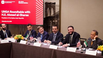 Chamber Vice President of Middle East Affairs Steve Lutes, center with blue tie, participates in a roundtable with Syrian President Ahmed al-Sharaa, right with black tie, during UNGA week in New York. Photo: US Chamber of Commerce