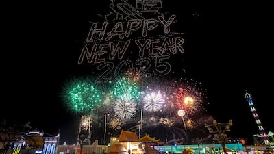 Sheikh Zayed Heritage Festival drone and fireworks New Year’s Eve display held at Al Wathba, Abu Dhabi. Victor Besa / The National