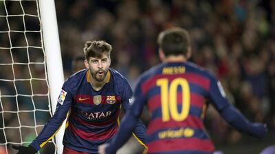 Barcelona’s defender Gerard Pique (L) celebrates with Argentinian striker Leo Messi (R) after scoring against RCD Espanyol during their their Spanish King’s Cup first leg match round of 16th played at Camp Nou stadium in Barcelona, Catalonia, Spain on 25 January 2016. EPA/ALEJANDRO GARCIA