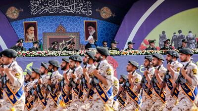 Iran's Islamic Revolutionary Guard Corps, pictured at a military parade, control a network of militias. File photo / AFP