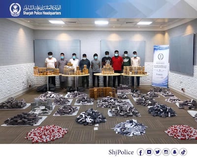 Nine men were caught with one million Xanax tablets valued at Dh15 million. Courtesy: Sharjah Police