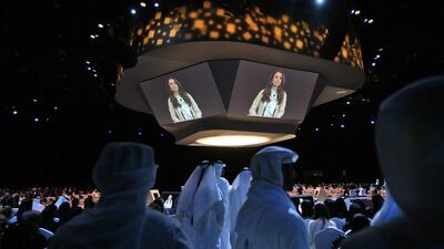 Jordan's Queen Rania talks at the opening day of the Global Women’s Forum in Dubai. Kamran Jebreili / AP Photo