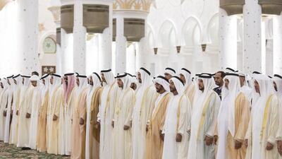 Sheikh Mohammed bin Zayed, Crown Prince of Abu Dhabi and Deputy Supreme Commander of the Armed Forces, attends Eid Al Fitr prayers at the Sheikh Zayed Grand Mosque. He is seen here with Sheikh Mansour bin Zayed, Deputy Prime Minister and Minister of Presidential Affairs, Sheikh Saif bin Zayed, Deputy Prime Minister and Minister of Interior, Sheikh Tahnoon bin Zayed, National Security Adviser, Sheikh Abdullah bin Zayed, Minister of Foreign Affairs and International Cooperation, Sheikh Hazza bin Zayed, Vice Chairman of the Abu Dhabi Executive Council, Sheikh Nahyan bin Mubarak, Minister of Culture and Knowledge Development, Sheikh Hamed bin Zayed, Chairman of the Crown Prince Court of Abu Dhabi, Sheikh Saeed bin Zayed, Abu Dhabi Ruler’s Representative, Sheikh Nahyan bin Zayed, Chairman of the Board of Trustees of Zayed bin Sultan Al Nahyan Charitable and Humanitarian Foundation, Sheikh Rashid bin Hamdan, Sheikh Mohammed Al Hamed, Sheikh Suroor bin Mohammed, and Sheikh Saif bin Mohammed. Ryan Carter / Crown Prince Court - Abu Dhabi