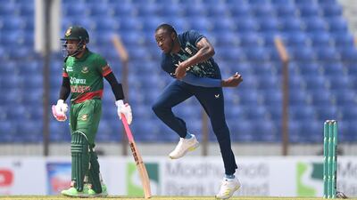 Jofra Archer bowling for England during the third ODI against Bangladesh at Zahur Ahmed Chowdhury Stadium, in Chittagong, on March 6, 2023. Getty