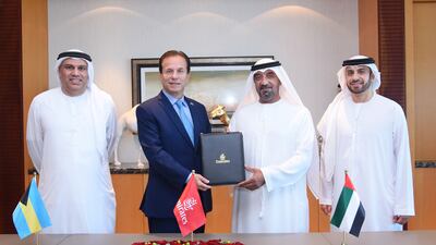 Sheikh Ahmed bin Saeed, Emirates Group chairman and chief executive, and Tony Joudi, Ambassador of the Bahamas to the UAE and Qatar, at the signing ceremony. Photo: Emirates