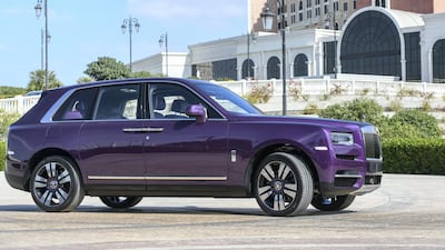 The bespoke 'twilight purple' Rolls-Royce Cullinan at the Ritz-Carlton Abu Dhabi, Grand Canal. Khushnum Bhandari for The National