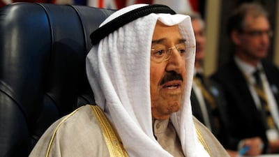 Kuwaiti Emir Sheikh Sabah Al Ahmad Al Sabah presides over the Kuwait International Conference for the Reconstruction of Iraq at Bayan Palace in Kuwait on 14 February 2018. Jon Gambrell / AP
