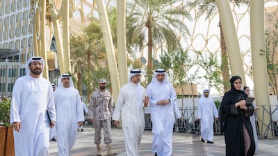 Sheikh Mansour bin Zayed, Vice President, Deputy Prime Minister and Chairman of the Presidential Court, inspects the final preparations of Cop28, at Expo City Dubai. Among high-ranking officials accompanying him were Talal Hamid Belhoul Al Falasi, director general of the State Security Department in Dubai and Mohamed Abdullah Al Junaibi, chairman of the Federal Protocol and Strategic Narrative Authority. All Photos: Abdulla Al Bedwawi / UAE Presidential Court