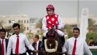 Tadhg O'Shea leads the jockey's title race in Abu Dhabi. Razan Alzayani / The National